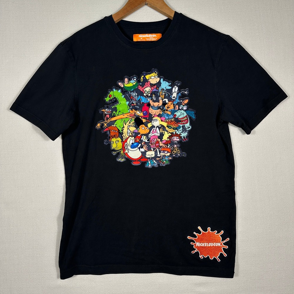 Nickelodeon Textured Graphic T-Shirt Medium Black 90s Cartoon Characters